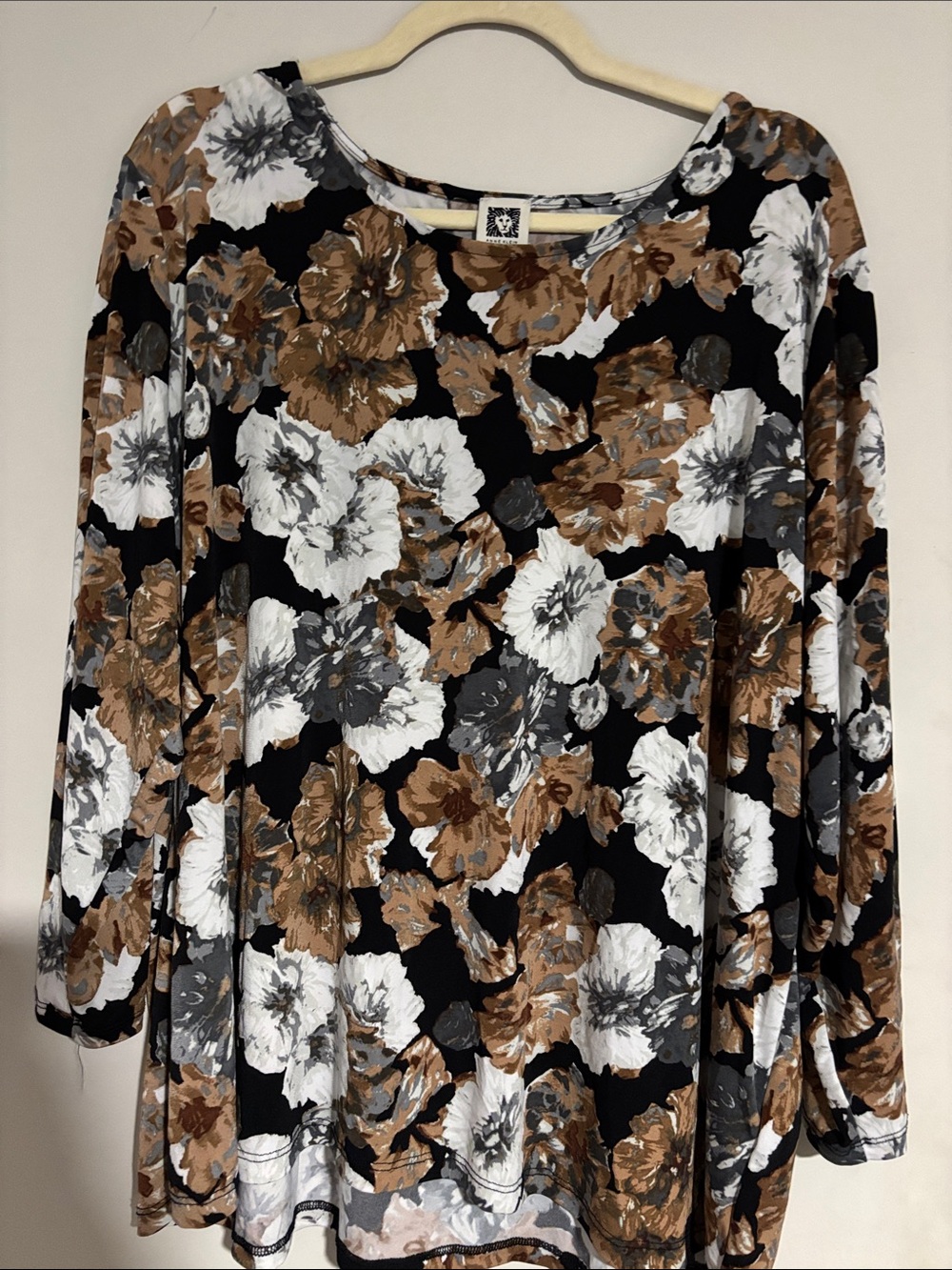 Anne Klein Black Brown and White Floral Long Sleeve Top